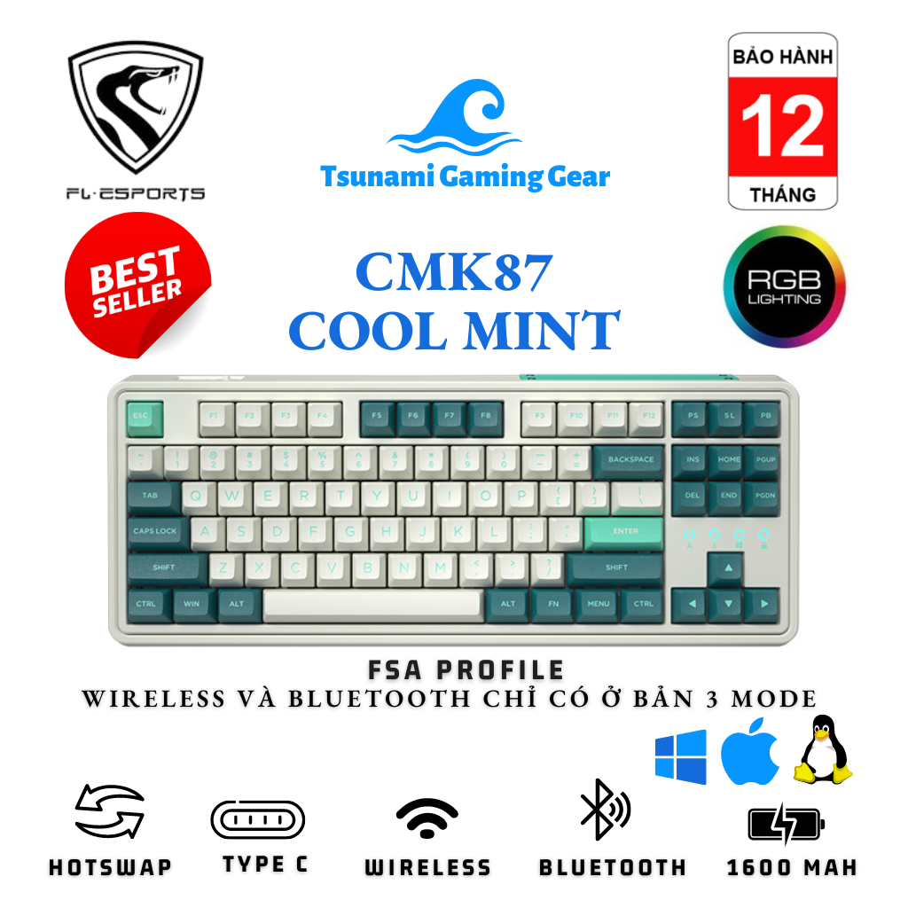 Bàn phím cơ FL-Esports CMK87 Cool Mint/ Kit phím cơ FL-Esports CMK87 White/ RGB/ Hotswap