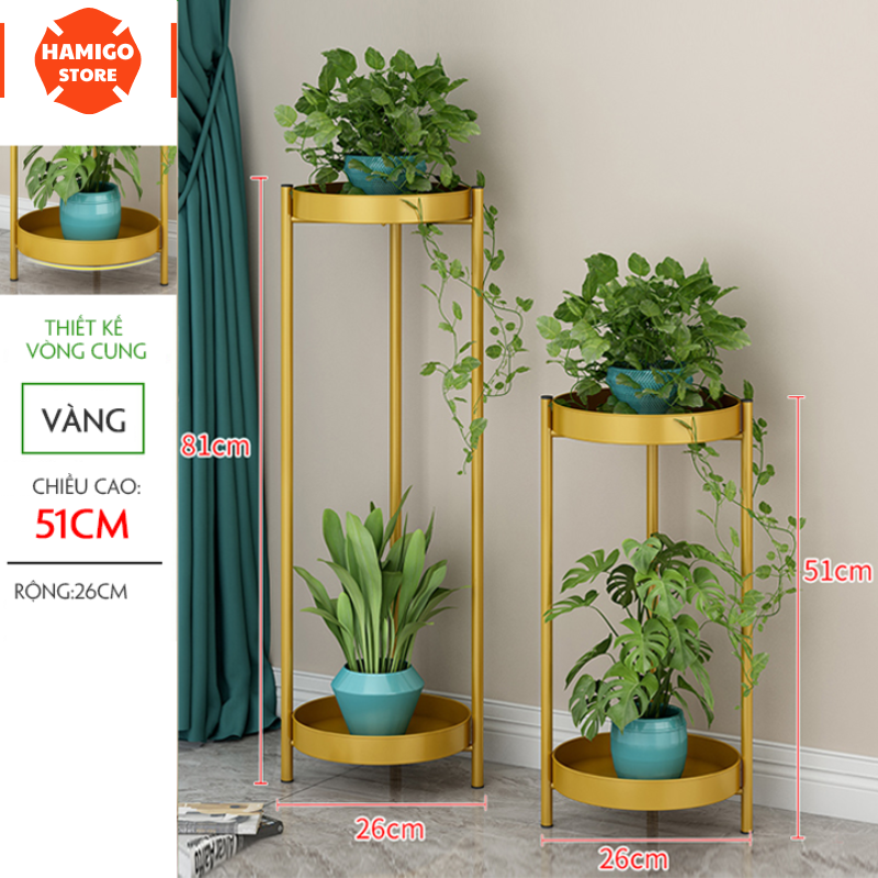 Golden double-story round flowers rack living room decor 51cm high, 2-tier round flower rack electrostatic painted gold flower pot