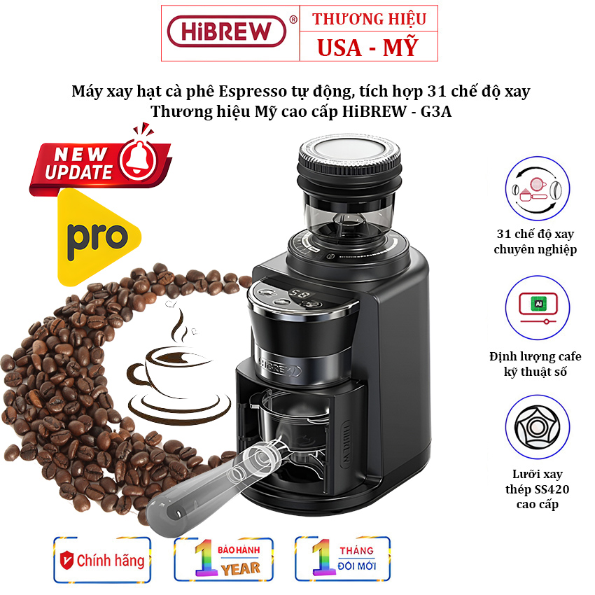 Máy xay hạt cà phê espresso hibrew g3a tự động chống vón cục tĩnh điện, tích hợp 31 chế độ xay thương hiệu mỹ cao cấp - bảo hành 12 tháng chính hãng