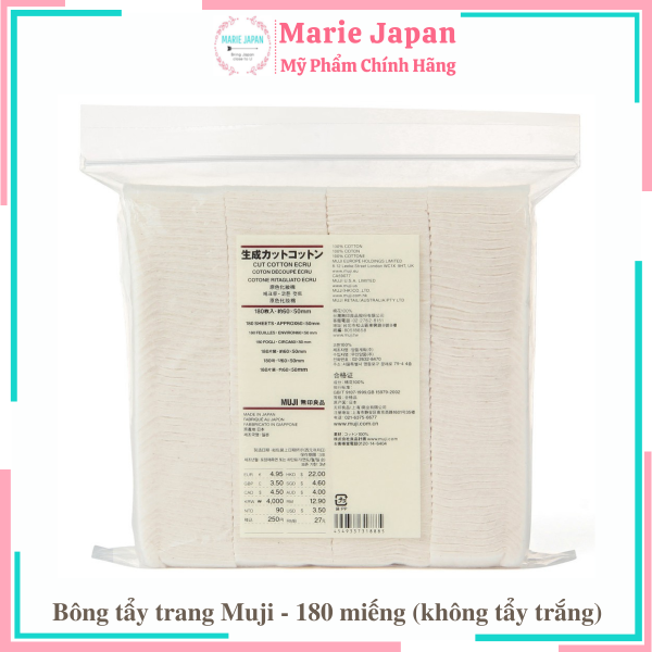 [HCM]Bông tẩy trang Muji hữu cơ 100% Cotton không tẩy trắng 180 miếng