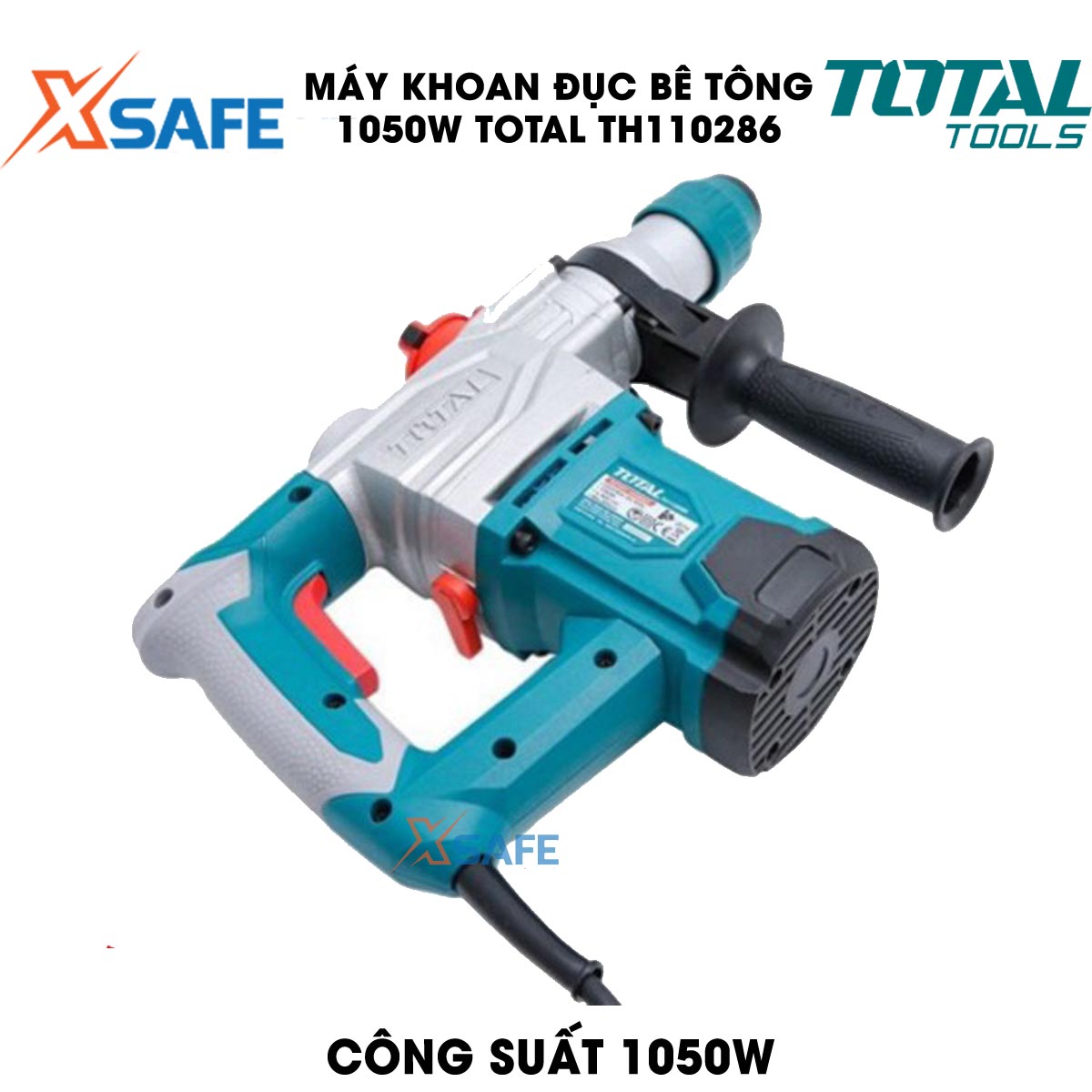 Machine drill chisel concrete 1050W TOTAL TH110286 bundled 3 drill bit Tuck and 2 tip chisel. Machine drill chisel hand have no-load 0 - 900 rpm/min, speed hammer 0 - 4000 times/min, genuine warranty 6 months-product genuine XSAFE