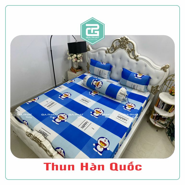 Bộ ga gối Thun Lạnh Hàn Quốc {4 món} họa tiết Doremon (1 ga bọc + 2 vỏ gối nằm + 1 vỏ gối ôm)