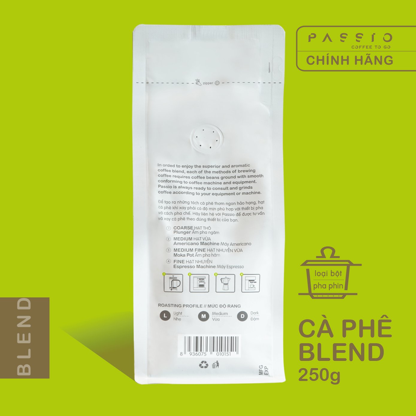 Cà phê Blend dạng Bột (pha phin) nguyên chất 100% rang mộc - Passio Coffee 250g