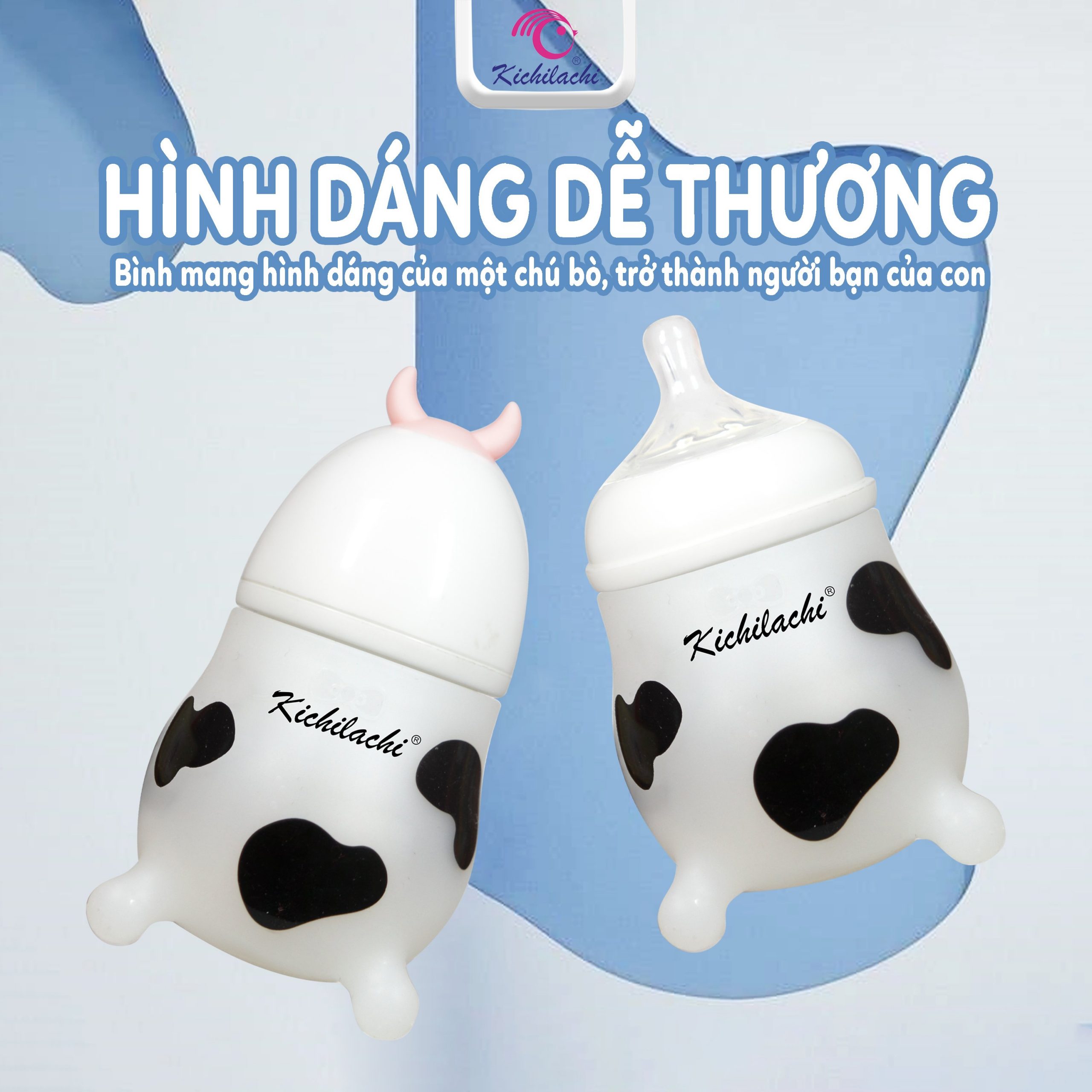 BÌNH SỮA HÌNH BÒ KICHILACHI 180ML NÚM TI SILICON SIÊU MỀM CHO BÉ