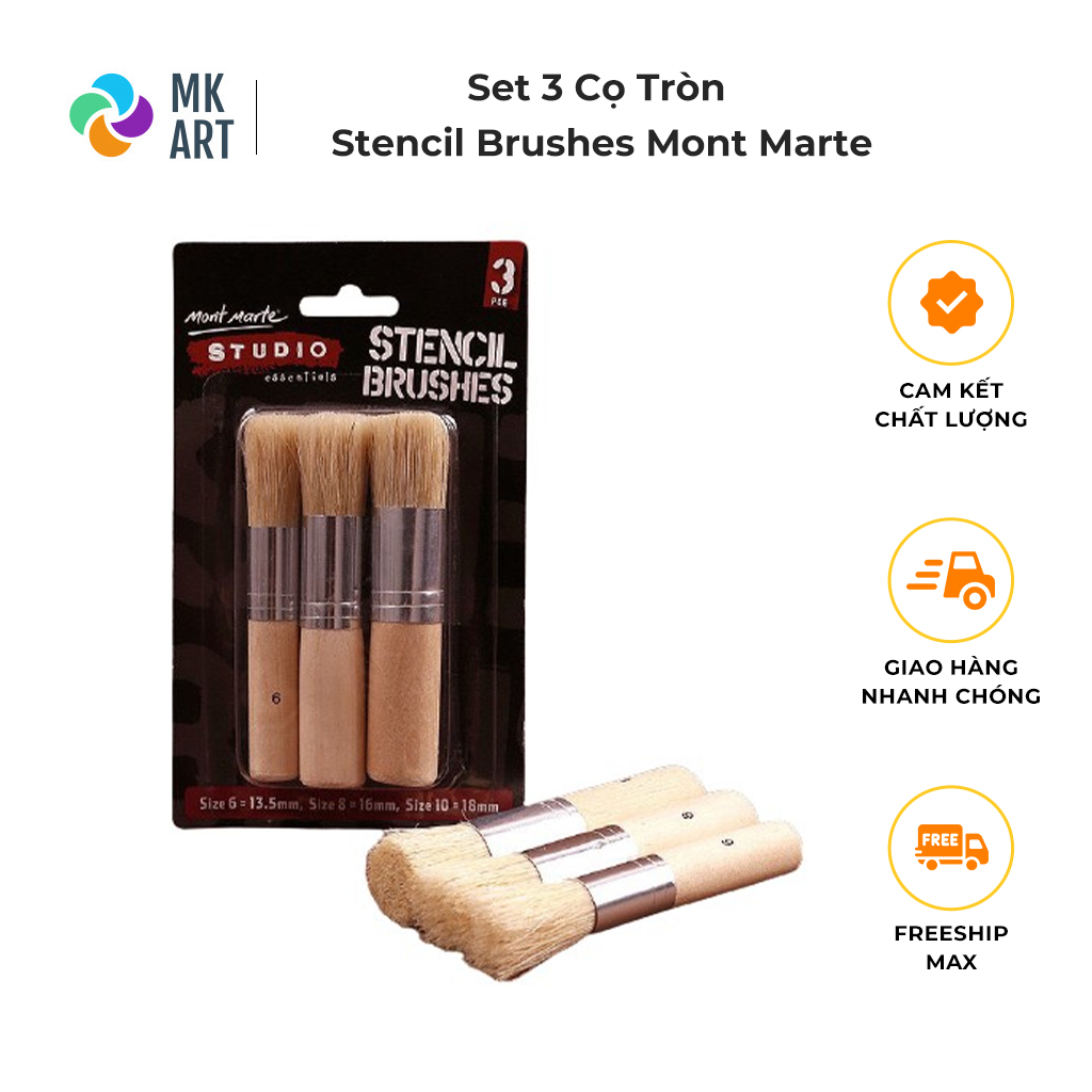 Bộ cọ vẽ đầu tròn lông lợn, cọ vẽ Stencil Brushes set 3 cây Mont Marte