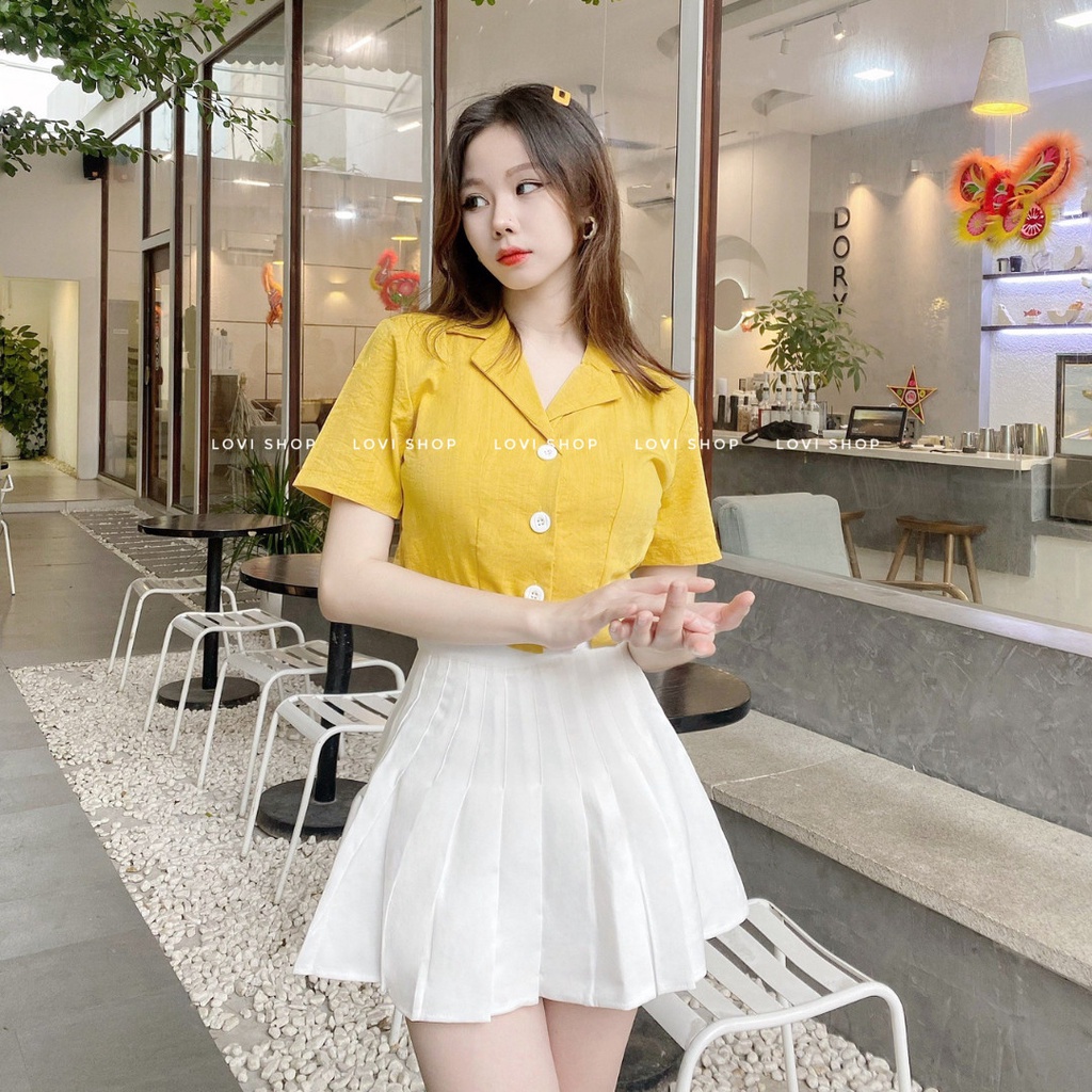 LOVI SHOP- Áo sơ mi croptop cổ vest tay ngắn basic