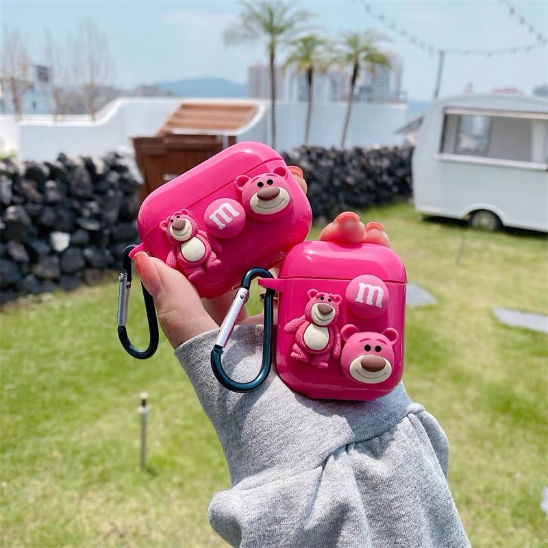 Vỏ bao đựng tại nghe airpod Pinks 3 Gấu Dâu Lotso bảo vệ bao đựng tai nghe không dây bluetooth 1/2/Pro/i12/i11/air3