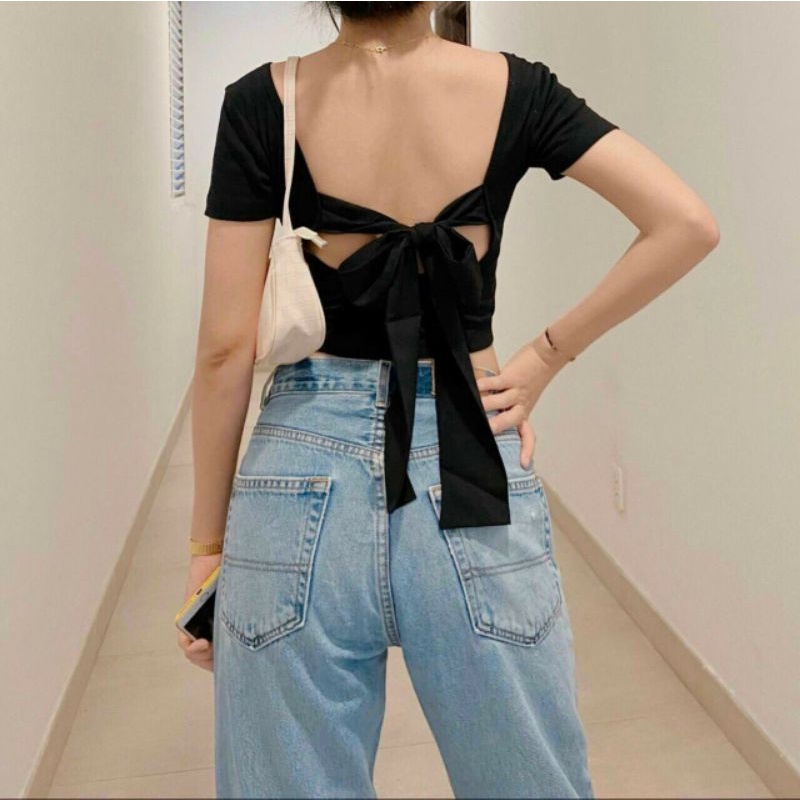 Áo croptop cột nơ voan tay ngắn