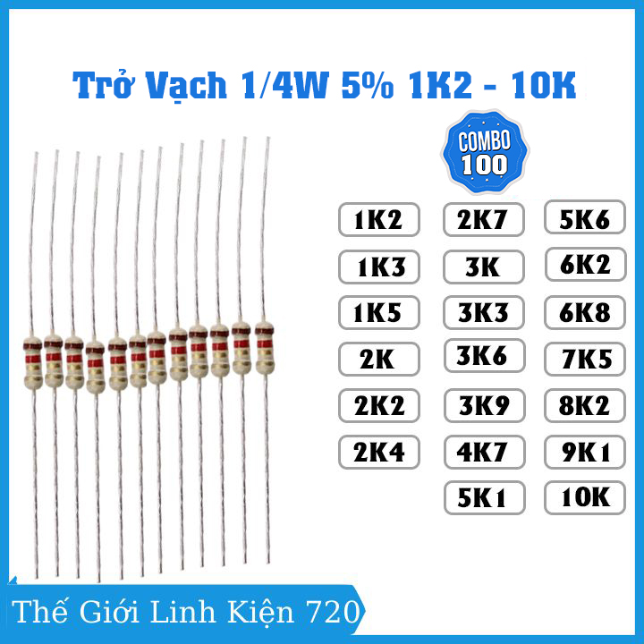 Gói 100 con trở vạch 1/4W 5% giá trị điện trở từ 1K2 - 10K
