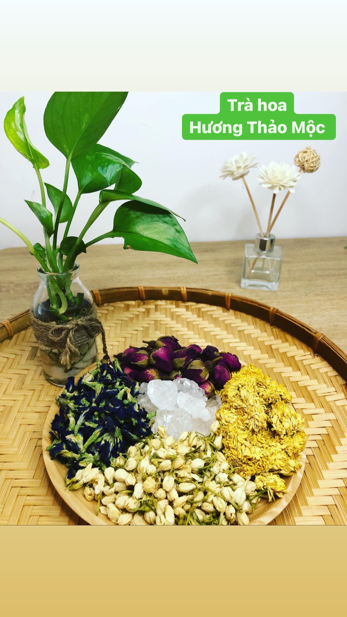 Set Trà Tứ Hoa (Hoàng cúc - Nụ hồng - Đậu biếc - Nụ Nhài) - Trà Hoa Natural Thảo Mộc