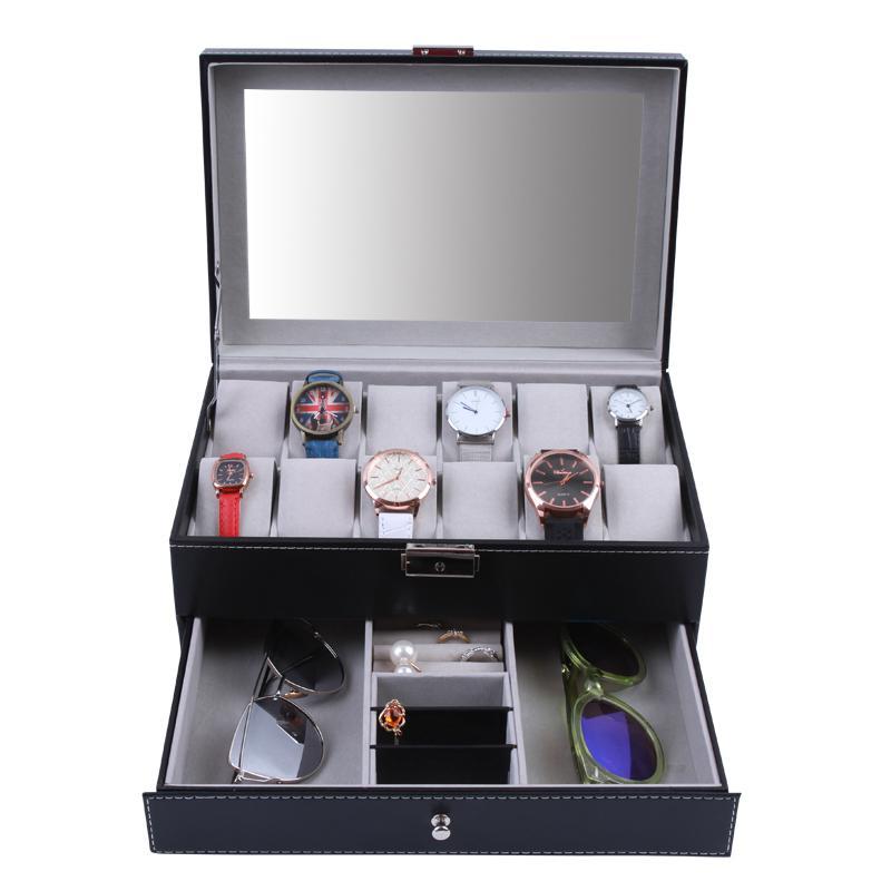 Hộp bằng da cao cấp siêu bền đựng 12 chiếc đồng hồ đeo tay, trang sức, mắt kính để bàn cho cả nam và nữ, chống ẩm mốc, hư hỏng, thiết kế 2 tầng sang trọng