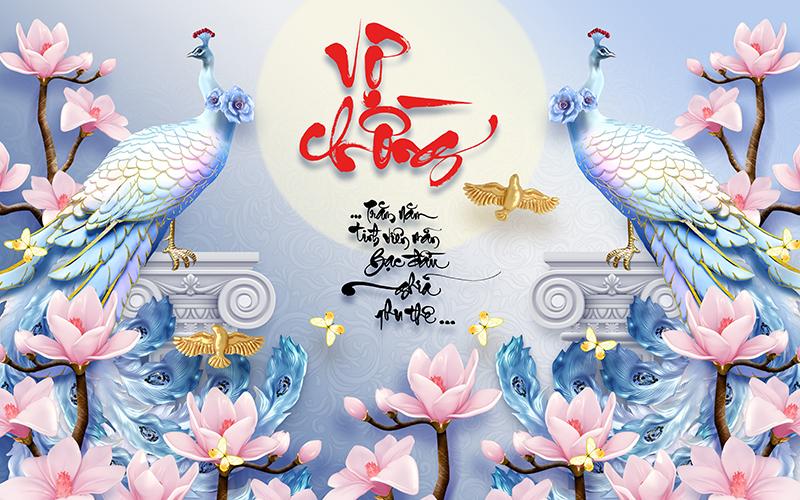 Tranh dán tường VTC Đôi chim công thư pháp Vợ Chồng UD0628 kim sa