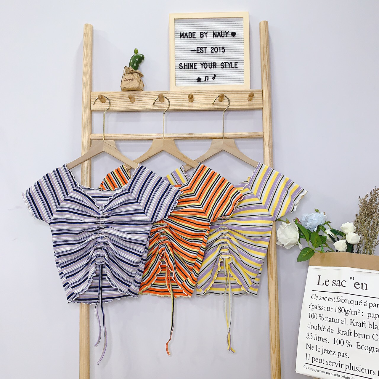 Áo kiểu sọc màu rút dây giữa xinh