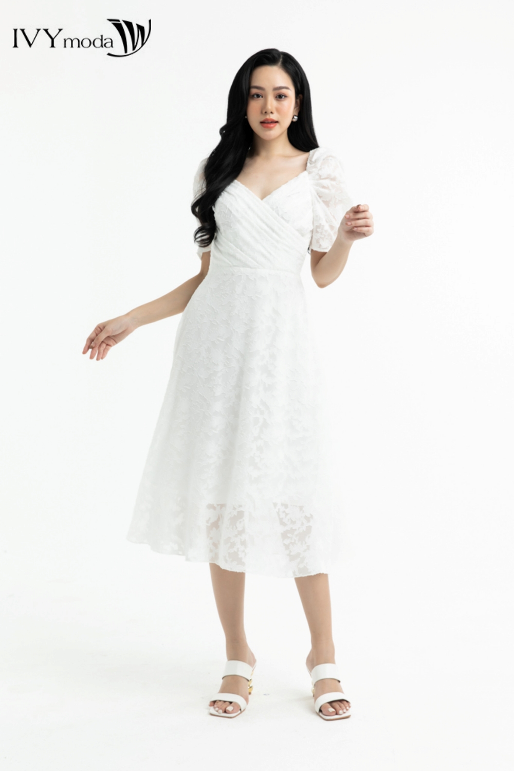 Đầm xòe nhấn ngực xếp ly ivy moda ms 48m7297