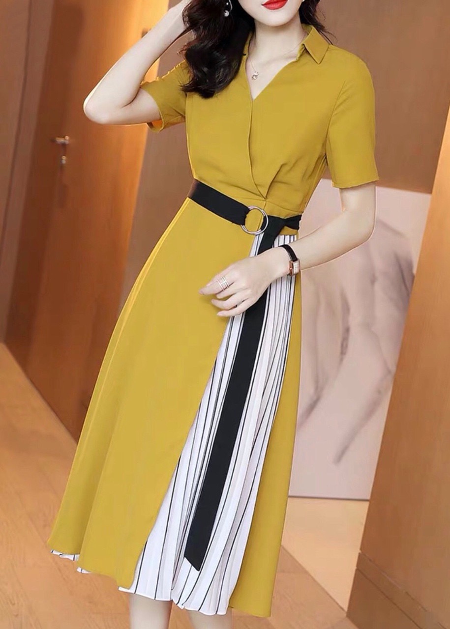 Đầm vàng phối sọc