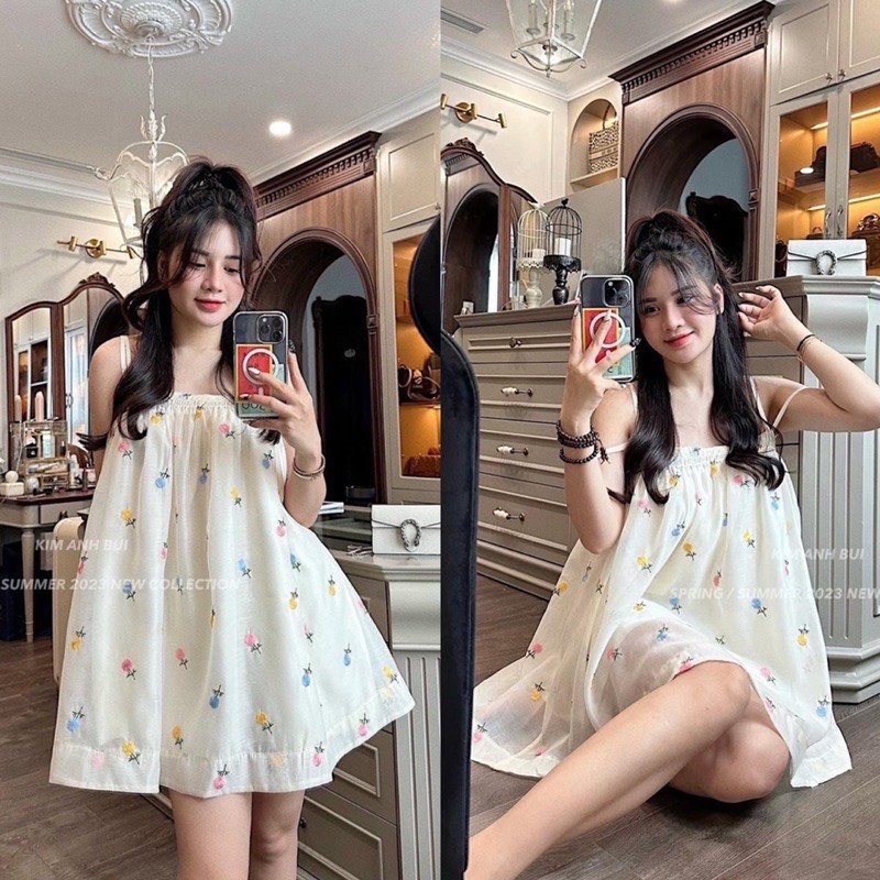 Váy babydoll dáng dài hoa nhí cổ vuông