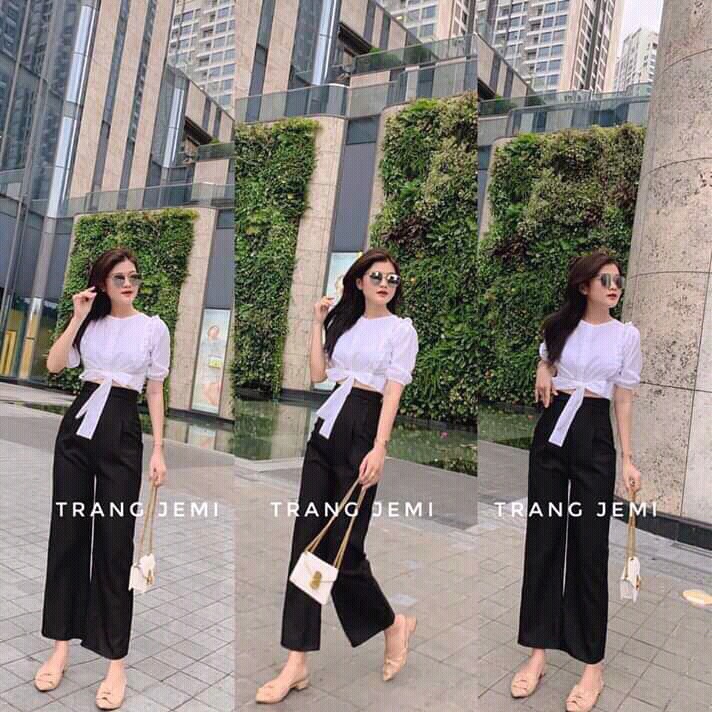 [HCM]Set bộ nữ quần dài áo tay búp cột nơ eo