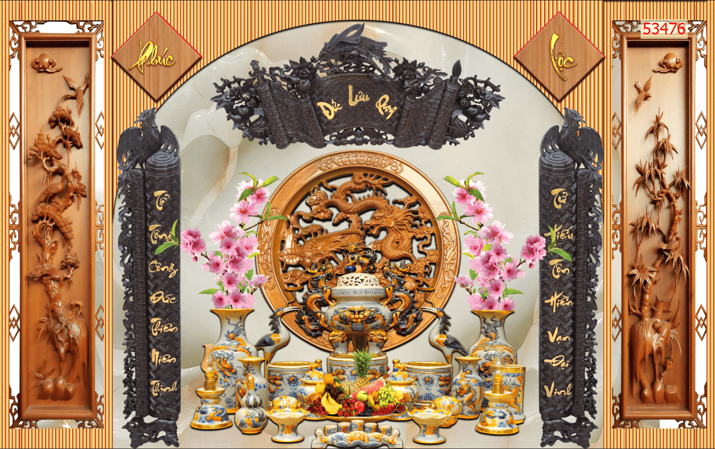 Tranh dán ban thờ vải lụa 3D Zalo 0967959399 KT 80x120cm