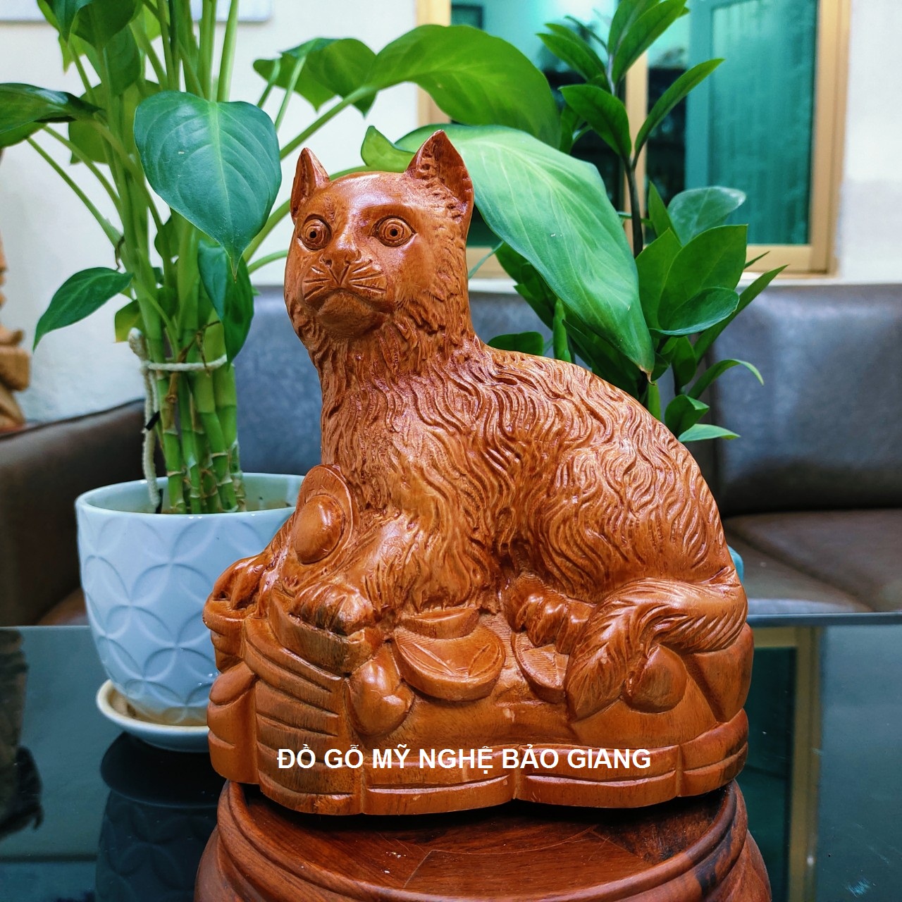 Tượng con mèo bằng gỗ hương (cao 22 ngang 20 sâu 10 cm)