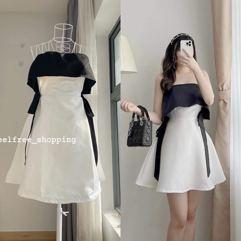 Đầm trắng đen cúp ngực dáng ngắn có mút ngực mặc đi tiệc đi chơi