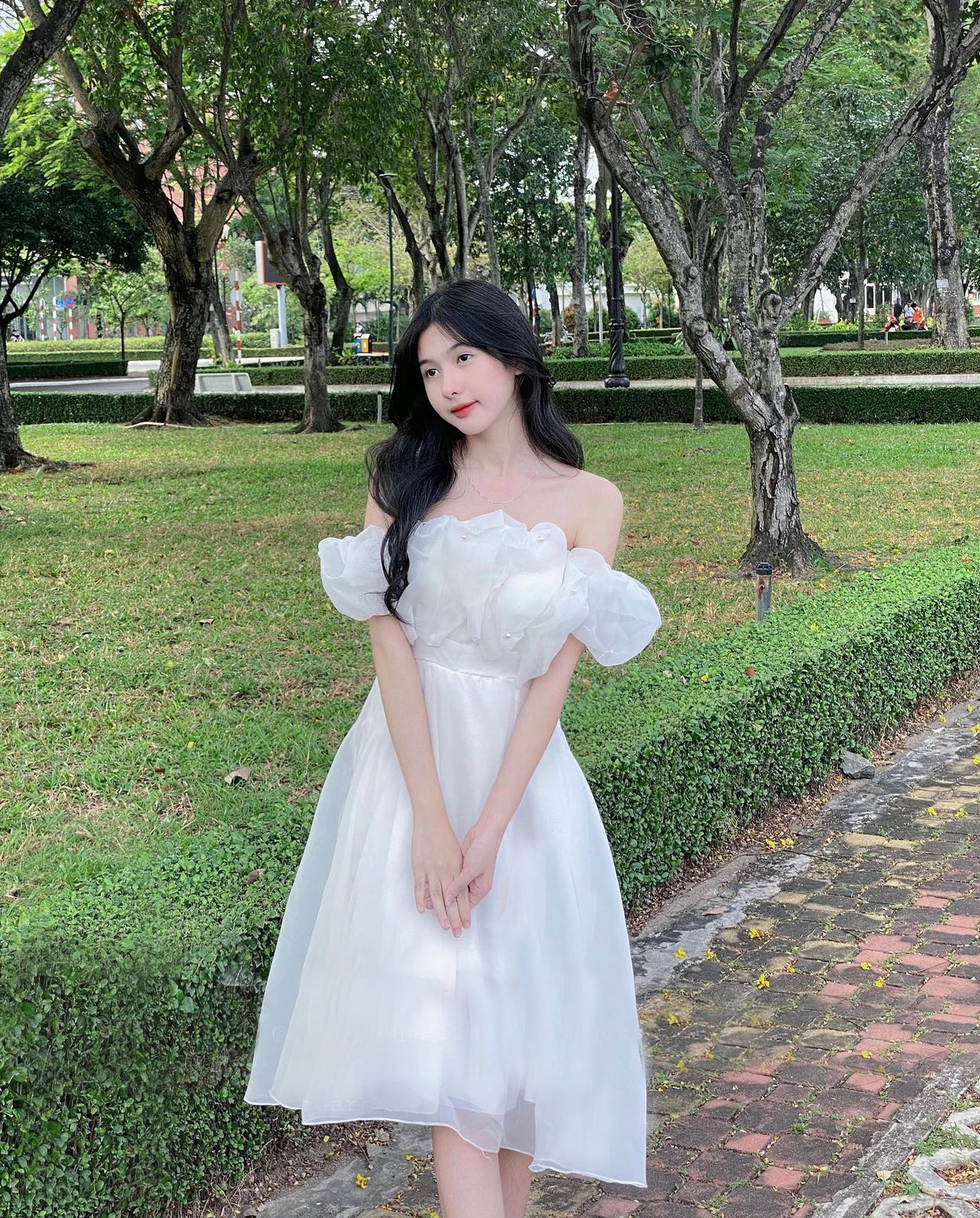 Đầm trễ vai công chúa đính ngọc Jasmin