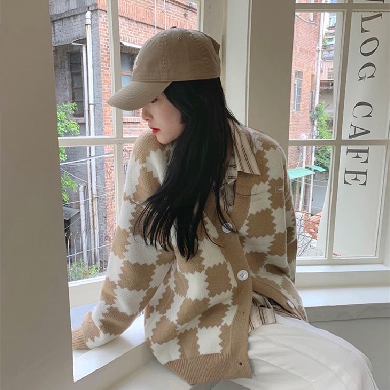 Áo khoác len cardigan dáng dài form rộng kẻ caro xanh hottrend NHẬT LINH - A165