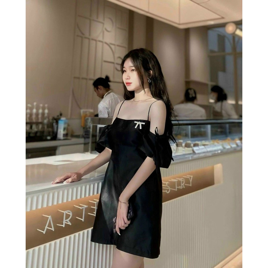 ( Hàng có sẵn) ĐẦM ĐEN 2S RỚT TAY PHỒNG ĐÍNH NƠ JL7