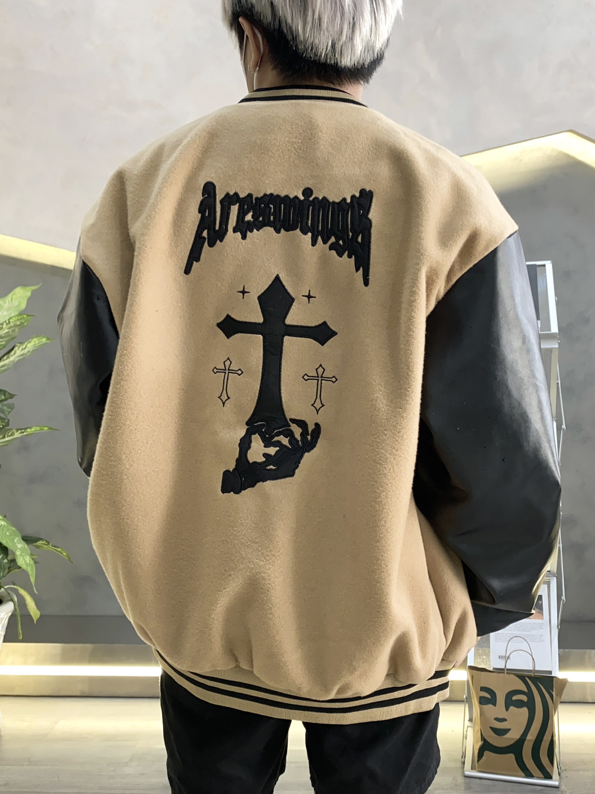 Áo Khoác Bomber Varsity Nỉ Dạ Form Crop Ngắn Phối Tay Da Thêu Hình Full Nam Nữ Unisex