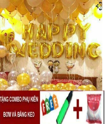 SET trang trí tiệc cưới gồm bộ bóng chữ HAPPY WEDDING + 50 bóng nhũ + 5 bóng tim/sao + có tặng 3 phụ kiện bơm bóng, keo dán và ruy băng