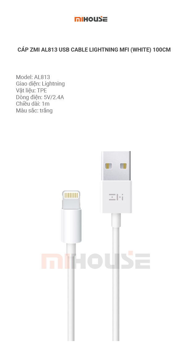 Cáp ZMI AL813 USB Cable Lightning MFI dùng cho iPhone Ipad (White) 100cm