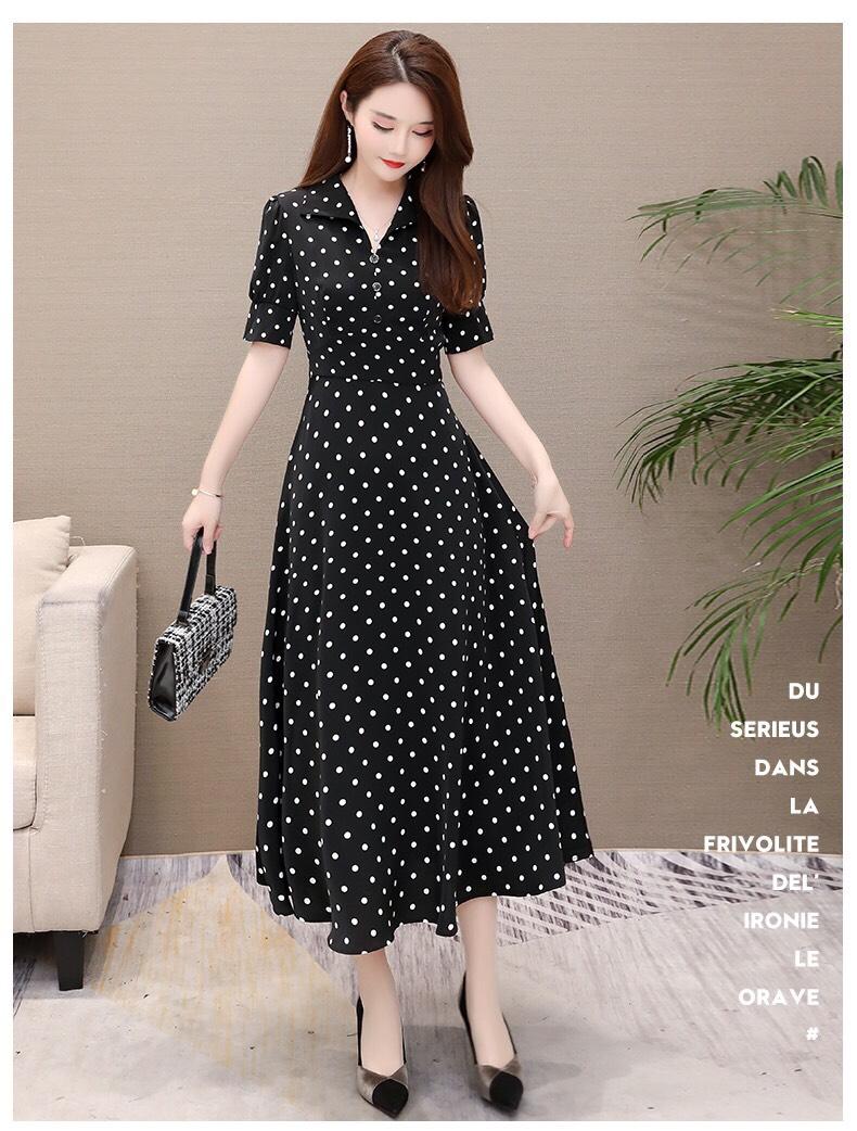 đầm xòe châm bi tay lỡ cổ sơ mi QC265303
