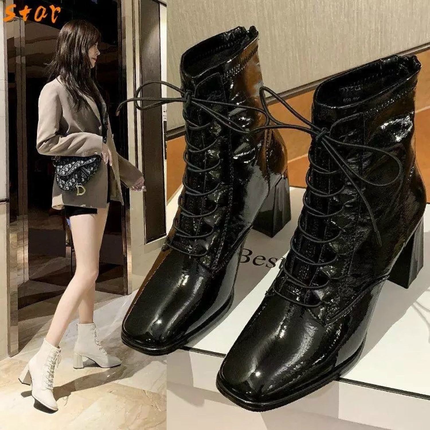 boot (bốt) dây buộc da bóng khoá sau (hàng QC full box) gót 7p