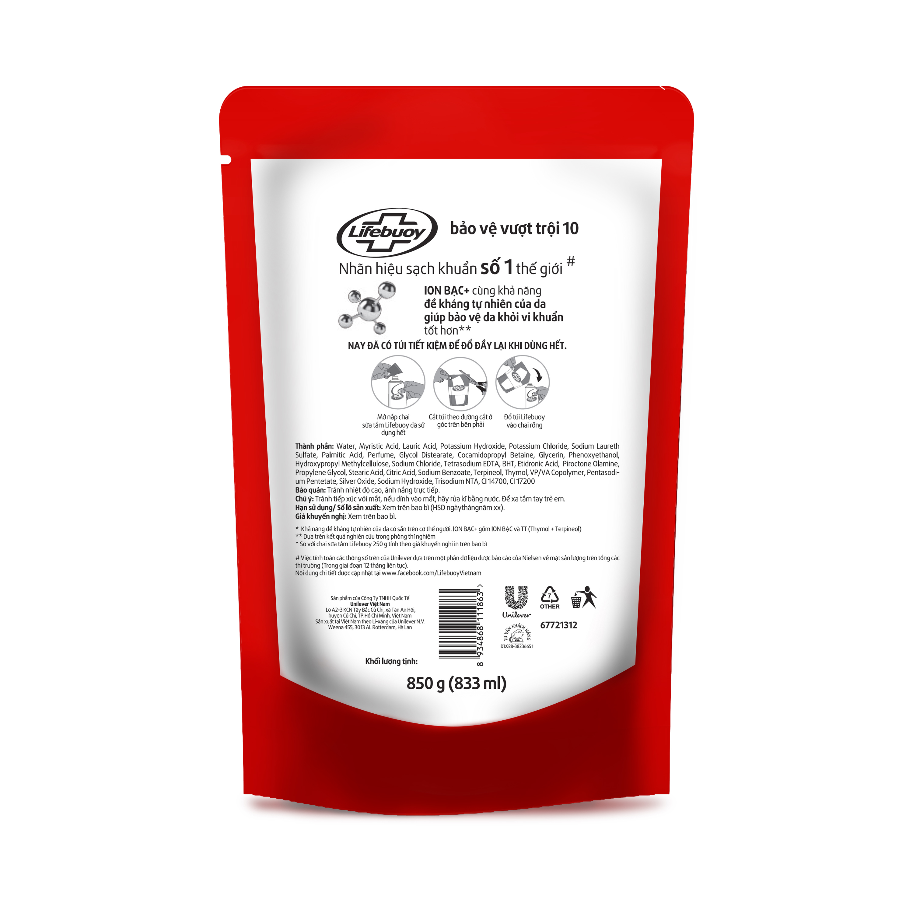 Sữa tắm Lifebuoy 800g Bảo Vệ Vượt Trội giúp bảo vệ khỏi 99.9% vi khuẩn và ngăn ngừa vi khuẩn lây lan trên da