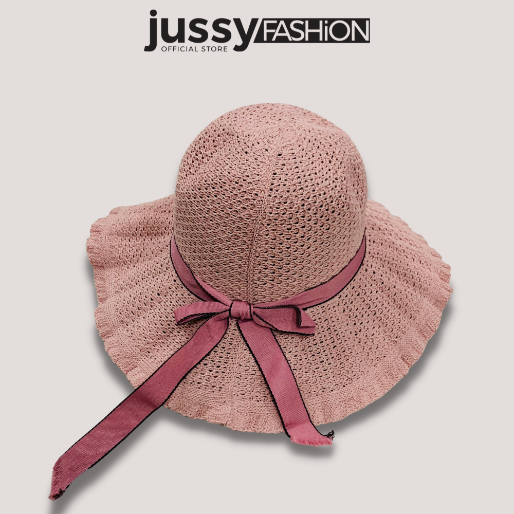Mũ rộng vành nữ nơ thừng vành lượn sóng jussy fashion mũ chống nắng đi biển chất cói len mỏng vintage