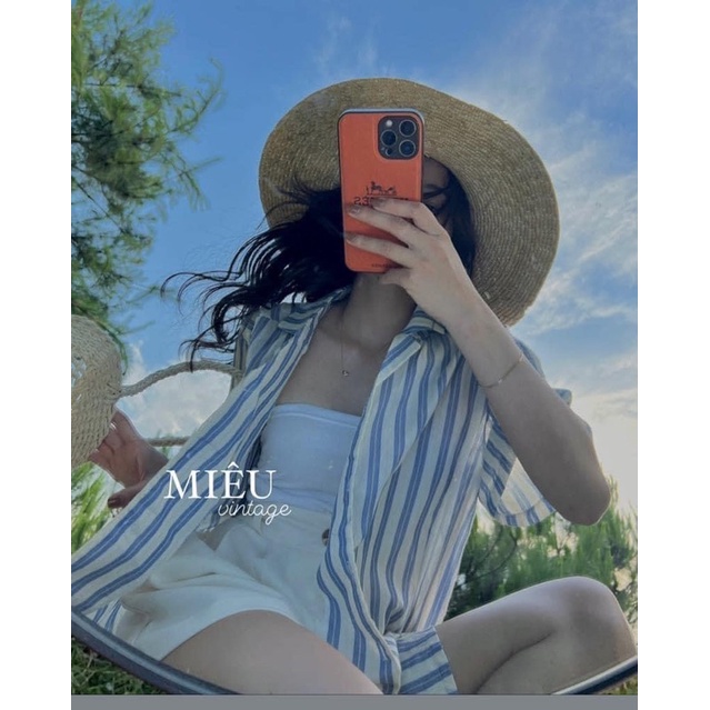 Áo sơ mi tay dài kẻ xanh