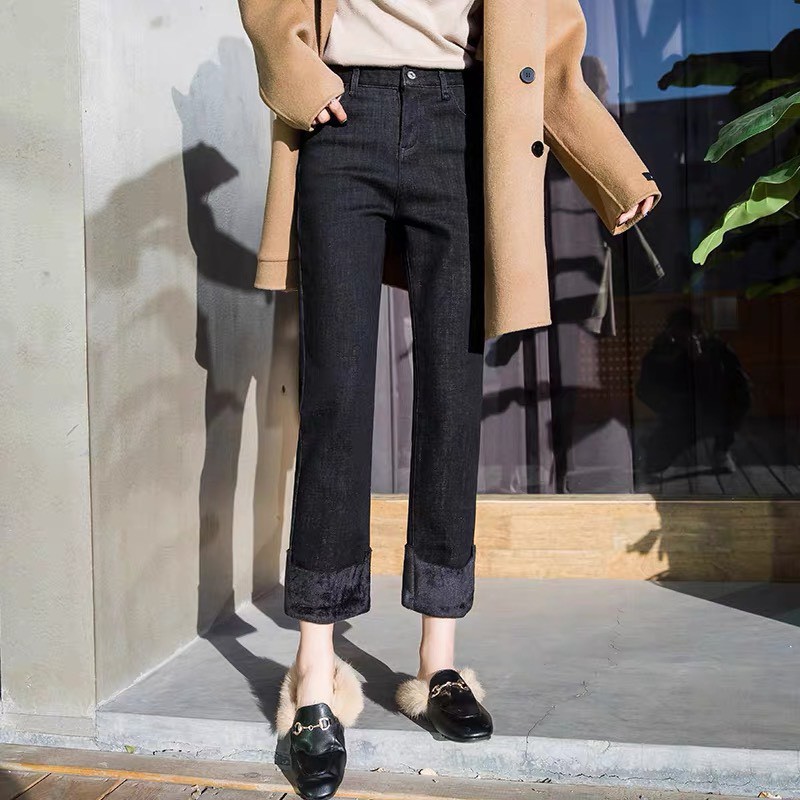 Quần jean nữ bigsize ống suông rộng 9 tấc, lưng cao, co dãn mạnh, dành cho người béo 65kg~90kg 3508