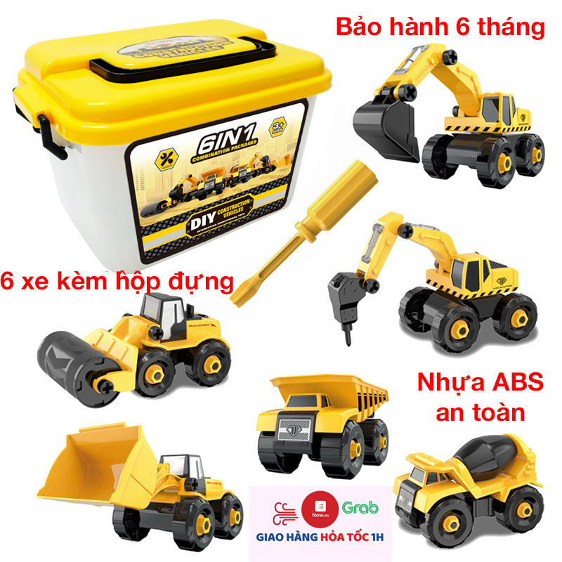 Xe oto đồ chơi bộ 6 xe công trình mô phỏng có lắp ráp kèm hộp đựng, nhựa ABS an toàn, giúp bé lắp ghép và phát triển trí tuệ, tăng khả năng nhận biết các loại xe đồ chơi [Bảo hành 6 tháng]