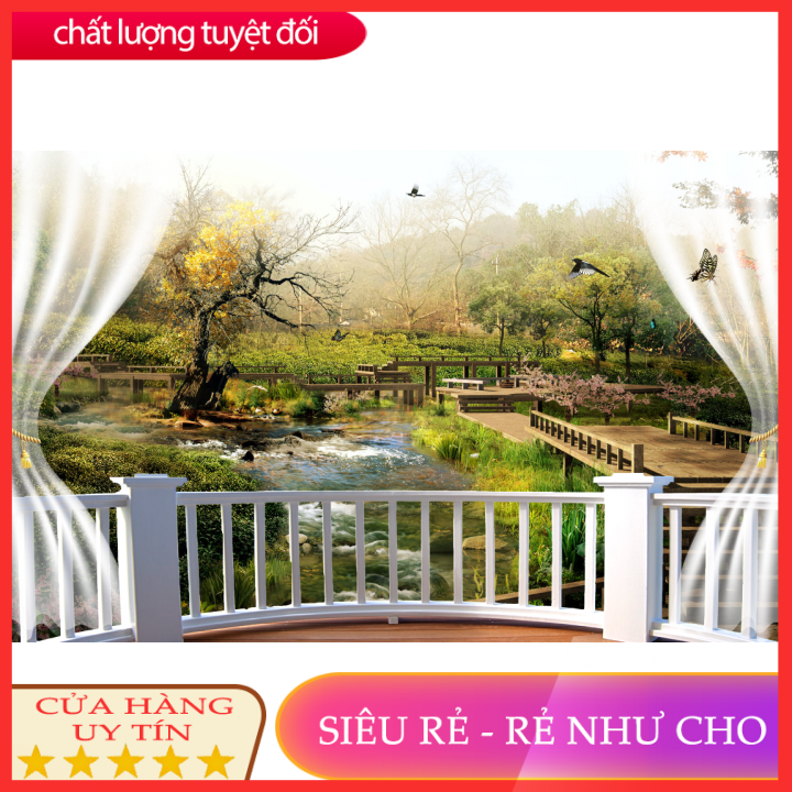 Tranh dán tường 3d phòng khách cửa sổ