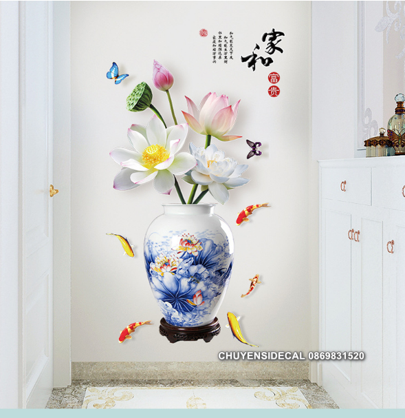 [HCM]Decal trang trí tường - Chậu Hoa Sen Trắng 3D cao cấp