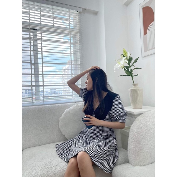 Đầm dạ bố caro phối cổ peter đen (có bigsize)