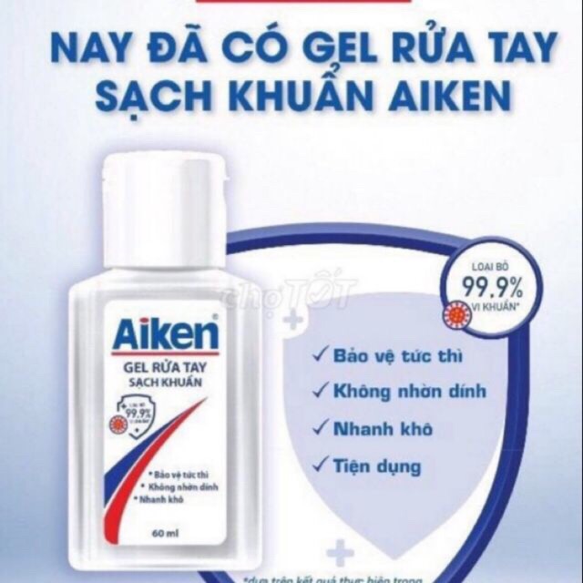 [HCM]Gel rửa tay khô Aiken 60ml