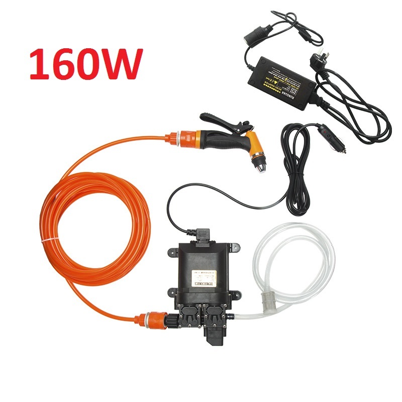 Máy bơm rửa xe tăng áp mini 12V (Tặng Adapter chuyển 220v-12v) công suất 80W