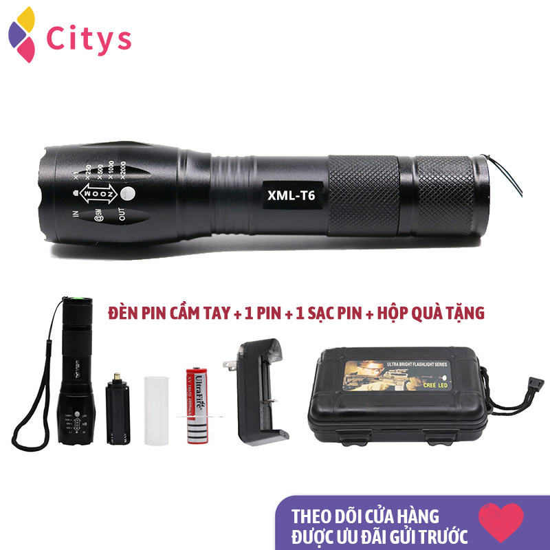 Đèn pin mạnh, Chip đèn LED T6 sạc pin chiếu sáng ngoài trời, vật liệu hợp kim cường độ cao, có thể thu vào và điều chỉnh tiêu cự, nhiều bánh răng có thể được chiếu sáng, có thể mang theo được sử dụng như một cái