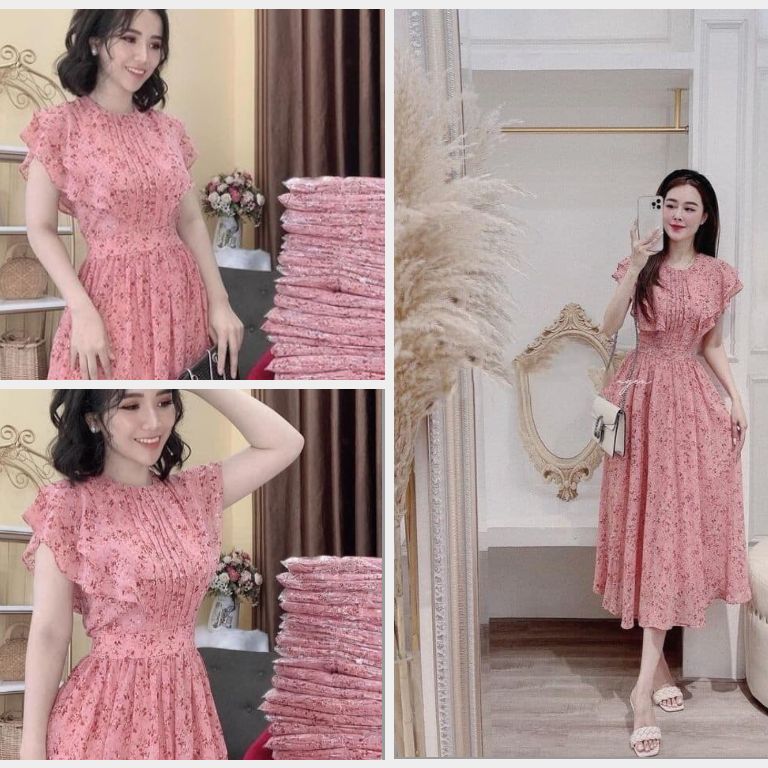 Đầm hồng cánh tiên voan 2 lớp cột nơ eo xòe