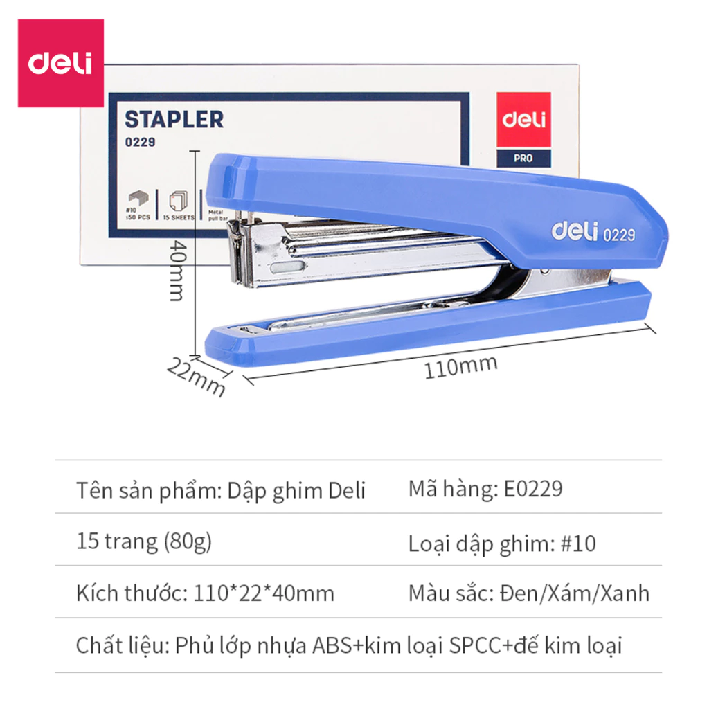 Dập Ghim Số 10 Deli E0229 - Chất Liệu Kim Loại Bọc Nhựa Chắc Chắn, Bền Đẹp, An Toàn, Dễ Sử Dụng