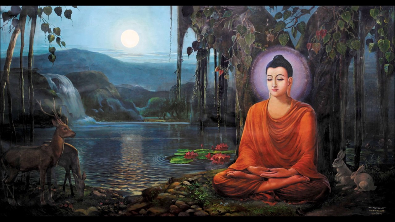 tranh phật thích ca tọa thiền dưới cây bồ đề tối 49 ngày đêm giác ngộ tặng kèm khung tranh