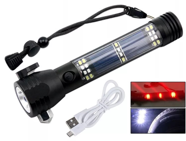 Đèn pin cứu hộ đa năng 10 chức năng. Hỗ trợ sạc năng lượng mặt trời - Đèn pin nhiều chức năng Solar Power Flashlight có búa thoát hiểm và còi báo động, đèn đi đêm, đèn chuyên dụng, an toàn chất lượng