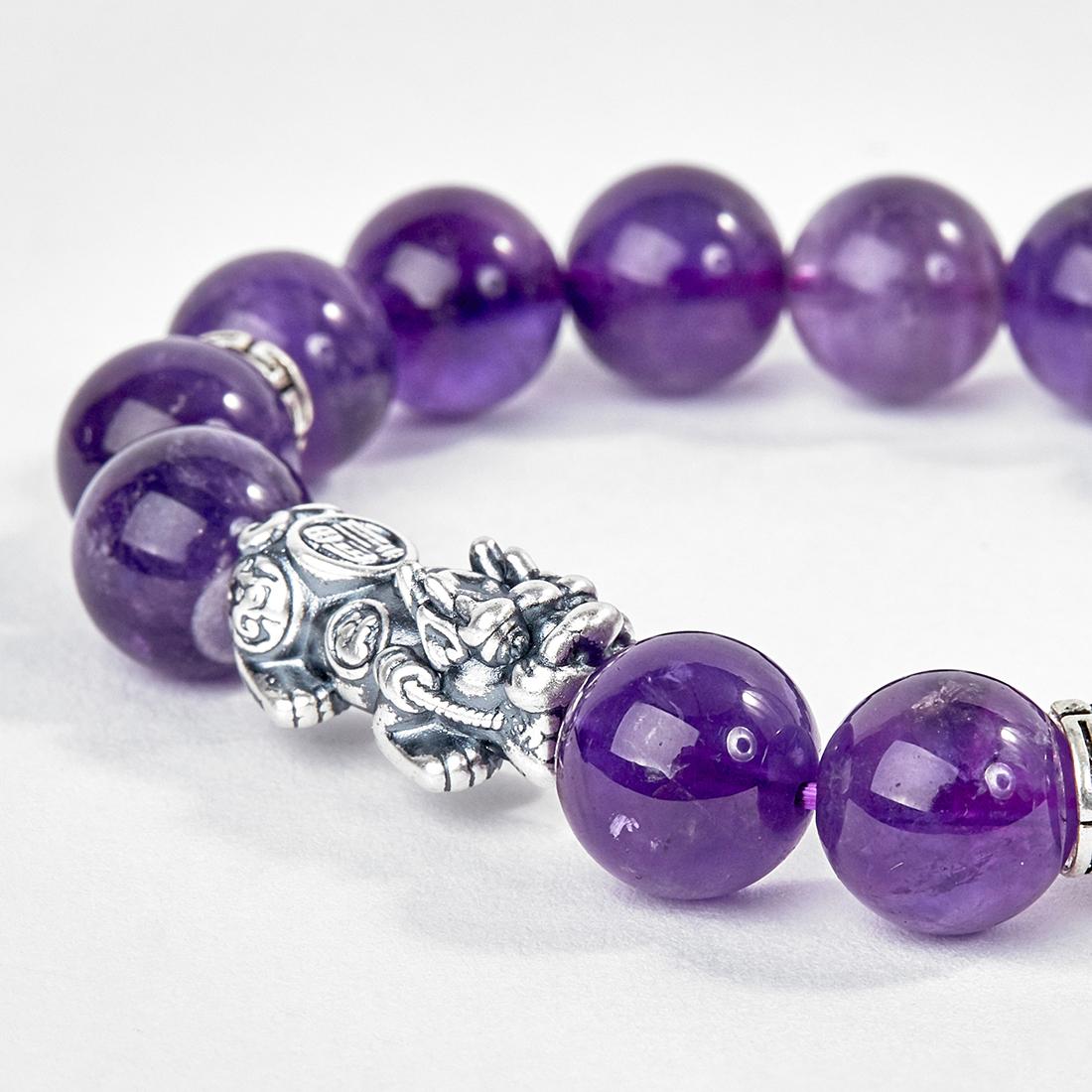 [HCM]Vòng Tay Đá Thạch Anh Tím Phối Charm Tỳ Hưu Bạc