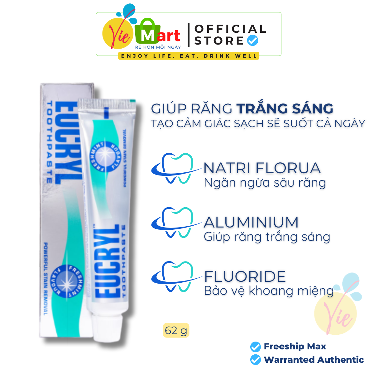 Kem đánh răng eucryl tooth paste freshmint làm trắng răng hương bạc hà 62g