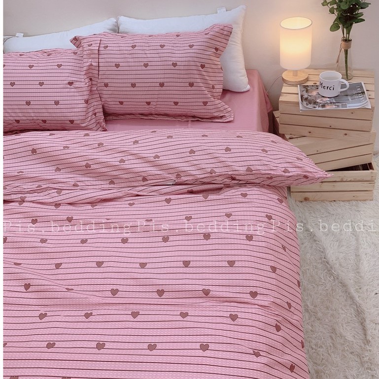Bộ Ga Gối Cotton Poly 3 Món Mẫu KẺ TIM HỒNG